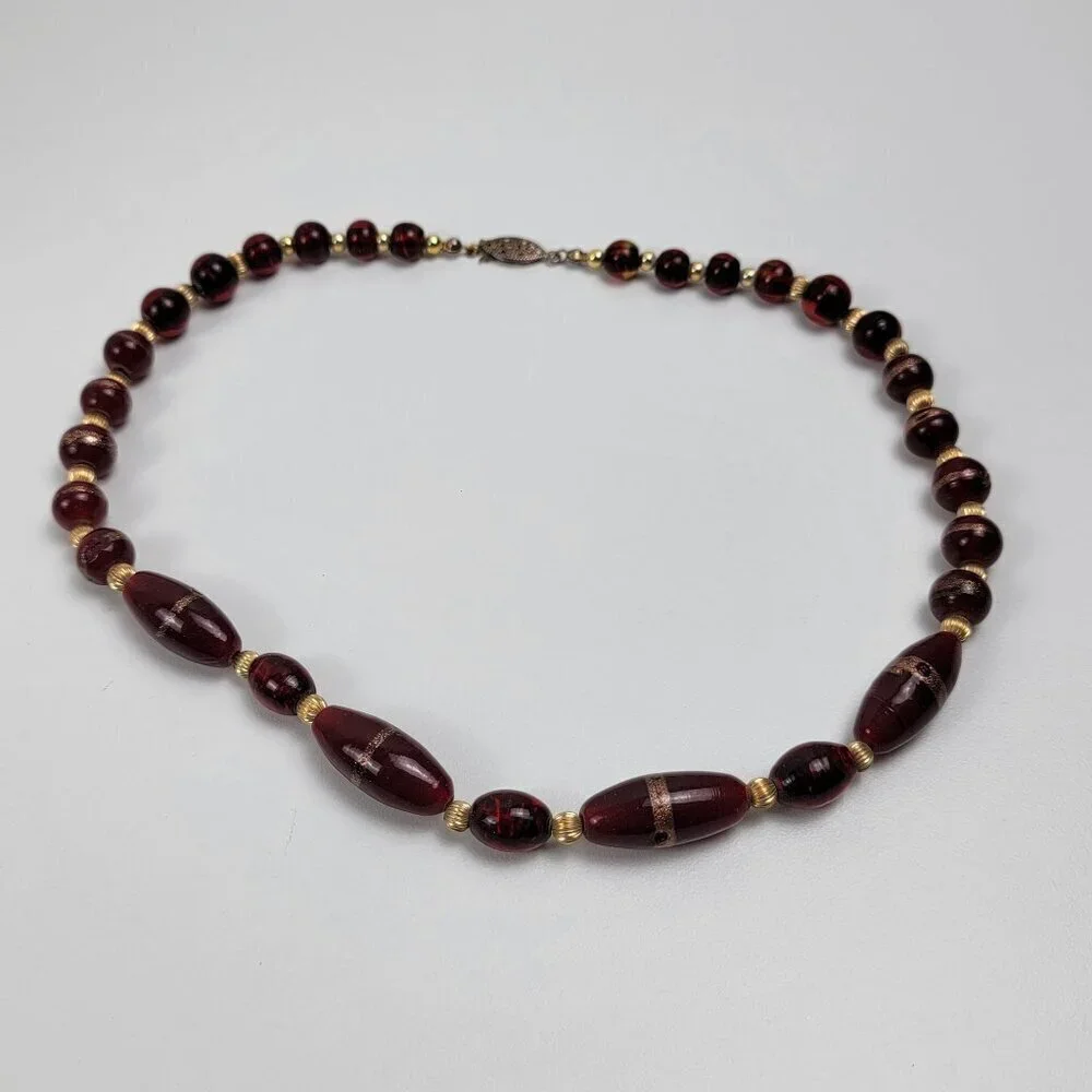 Vtg. Crimson Red Faux-Amber Glass Art Beaded Necklace Gold Plated Fishhook 19 In